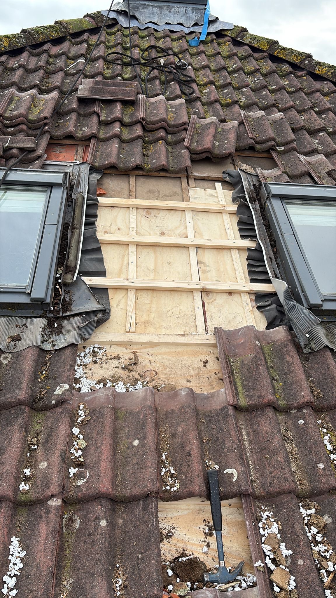 Dakreparatie met houten constructie en dakramen.