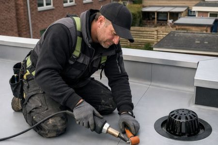Man repareert dak met gereedschap op platte daken.
